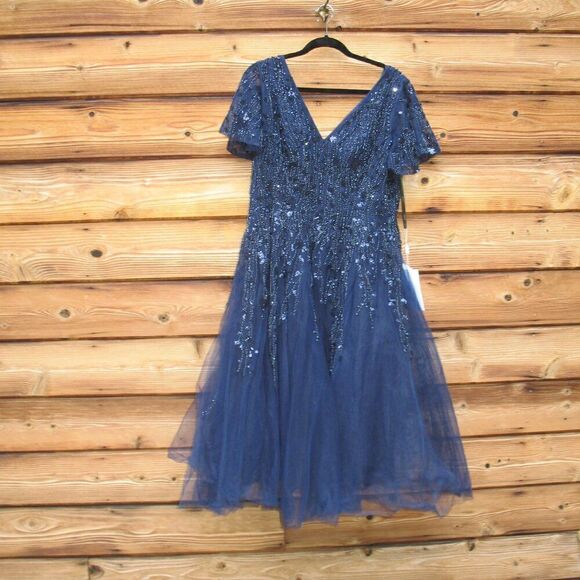 Mac Duggal 10806 Womens EMBELLISHED FLUTTER SLEEVE TEA-LENGTH DRESS - Picture 5 of 15